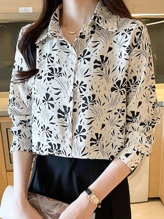 Abstract Flower Print Shirt, Vintage Long Sleeve