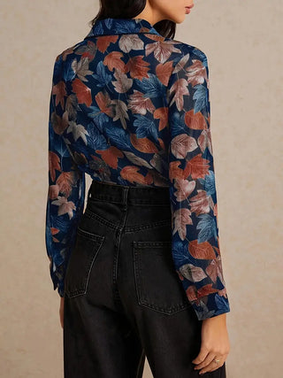Autumn Leaves Print Polo Collar Shirt, Casual Long Sleeve