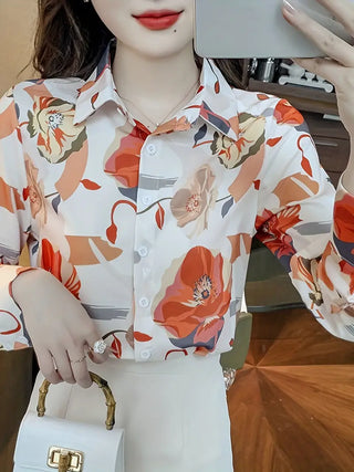 Floral Print Shirt, Elegant Button Front Long Sleeve