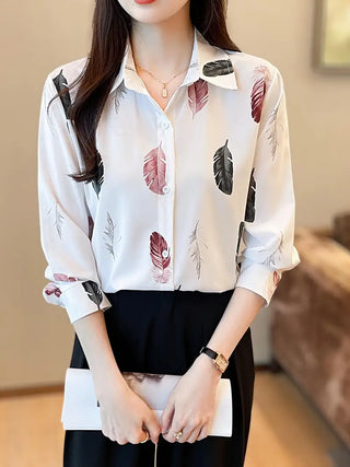 Feather Print Button Front Shirt, Elegant Long Sleeve