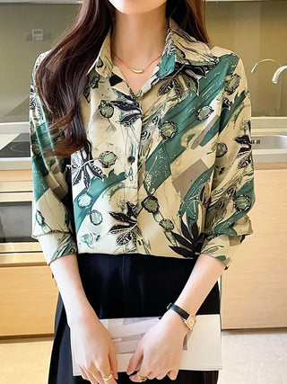 Allover Print Button Front Shirt, Casual Long Sleeve