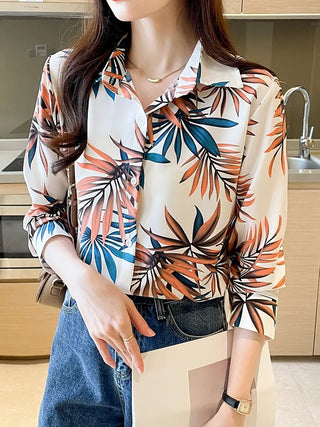 Leaf Print Button Front Shirt, Elegant Long Sleeve