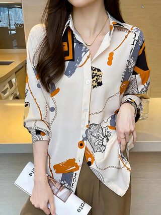 Graphic Print Button Down Shirt, Vintage Long Sleeve