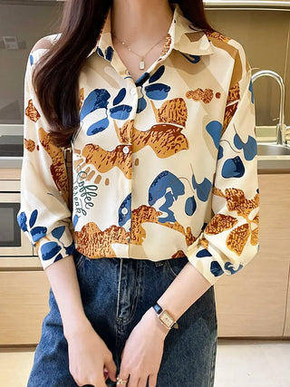 Colorblock Graphic Print Button Shirt, Elegant Polo Collar Long Sleeve