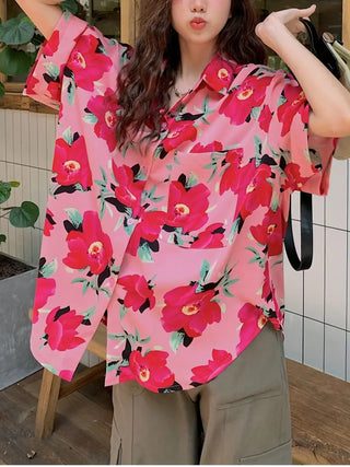 Floral Print Button Front Blouse, Casual Short Sleeve