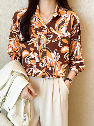 Floral Print Button Front Shirt, Elegant Long Sleeve