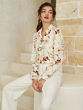 Floral Print Notched Neck Blouse, Elegant Long Sleeve