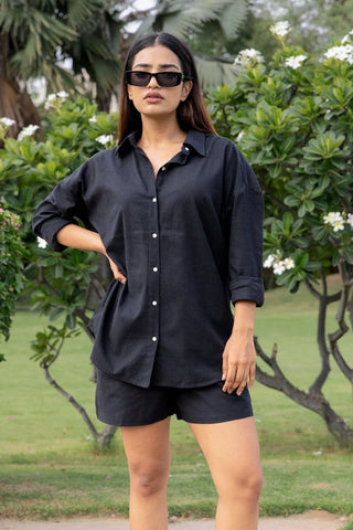 Black Bigsized Cotton Shirt & Shorts Set