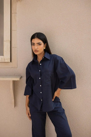 Midnight Blue Bell Sleeves Shirt & Pants Set