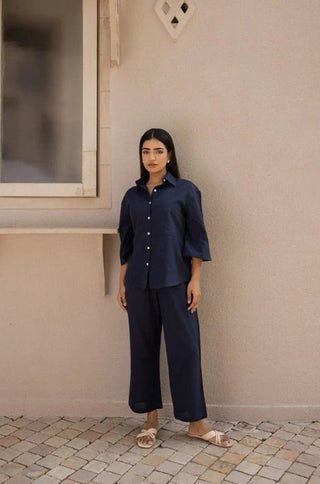 Midnight Blue Bell Sleeves Shirt & Pants Set