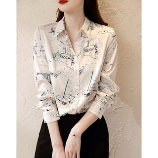 Elegant Sketch Print Button-Up Shirt for Women